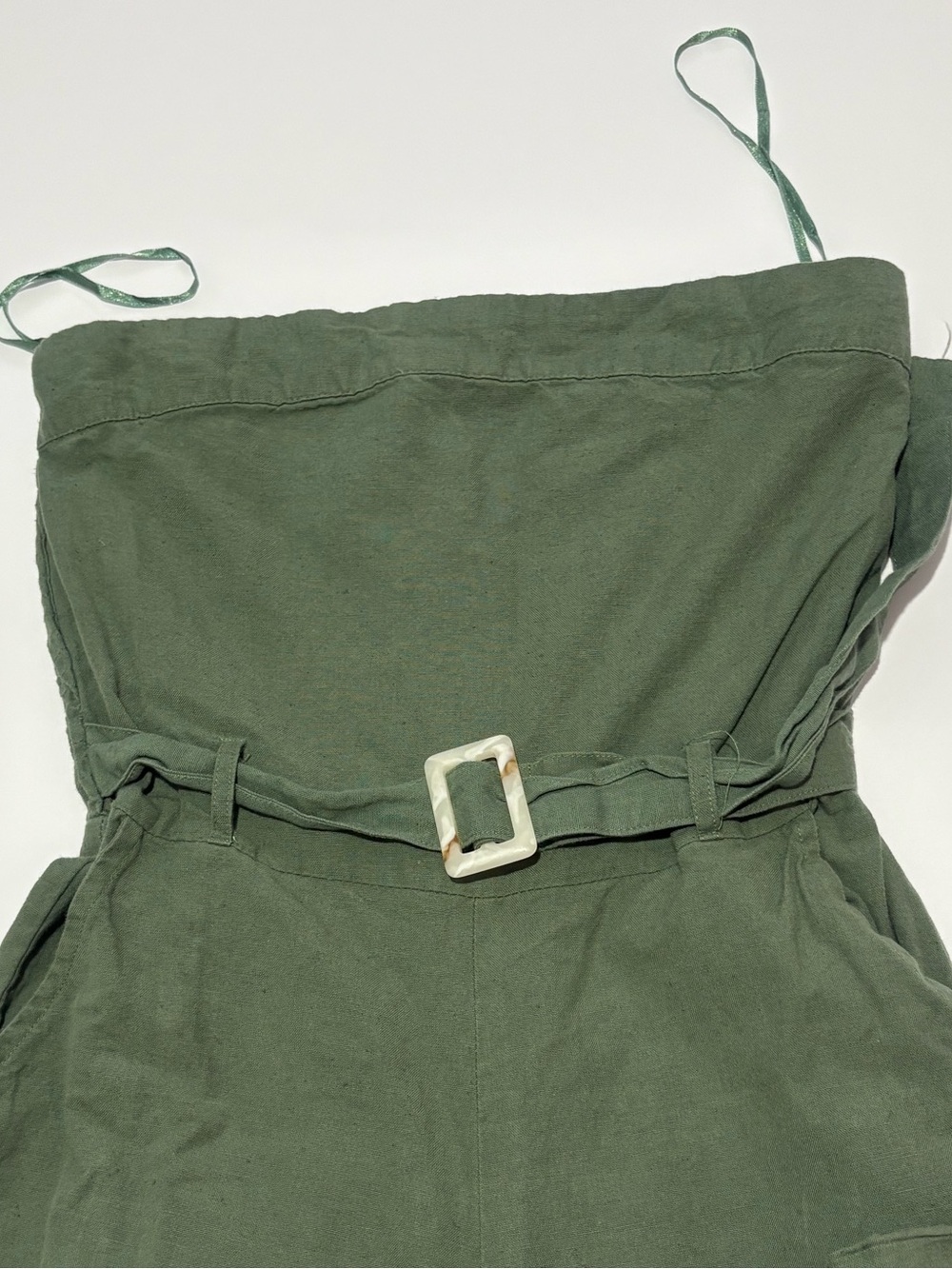 Strapless Olive Green Utility Jumpsuit with Belted Waist - Picture 3 of 7
